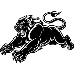 A bold black and white vector illustration of a roaring lion in mid-leap, showcasing its fierce expression, muscular body, and sharp claws.