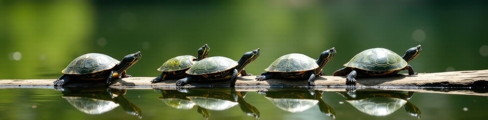 Obraz premium Slowly sunbathing turtles on wooden planks in pond water, calm, turtles