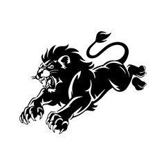 A bold black and white vector illustration of a roaring lion in mid-leap, showcasing its fierce expression, muscular body, and sharp claws.