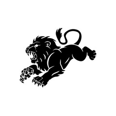 A bold black and white vector illustration of a roaring lion in mid-leap, showcasing its fierce expression, muscular body, and sharp claws.