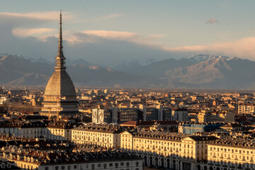 Naklejka premium Torino landscape with the iconic Mole Antonelliana and the Intesa Sanpaolo skyscraper.