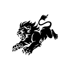 A bold black and white vector illustration of a roaring lion in mid-leap, showcasing its fierce expression, muscular body, and sharp claws.