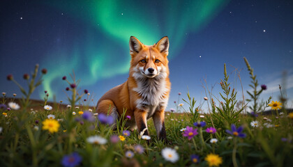 Elusive fox spirit in meadow under northern lights, serene symbolism