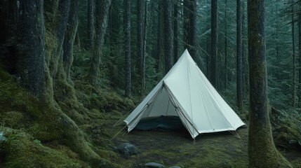 Secluded Camping in a Mossy Forest: A Canvas Tent Nestled Among Ancient Trees