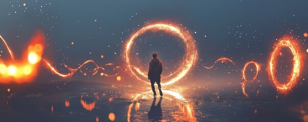 Person standing in a surreal, glowing environment.