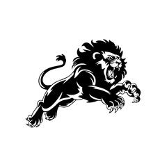 A bold black and white vector illustration of a roaring lion in mid-leap, showcasing its fierce expression, muscular body, and sharp claws.