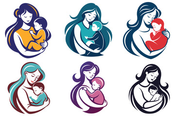 mother and baby stylized symbol mom hugs her child vector