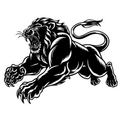 A bold black and white vector illustration of a roaring lion in mid-leap, showcasing its fierce expression, muscular body, and sharp claws.