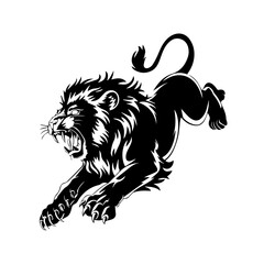 A bold black and white vector illustration of a roaring lion in mid-leap, showcasing its fierce expression, muscular body, and sharp claws.