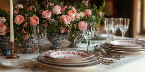 Elegant dining table setup with floral centerpiece indoor event tableware arrangement luxurious atmosphere close-up view hospitality concept