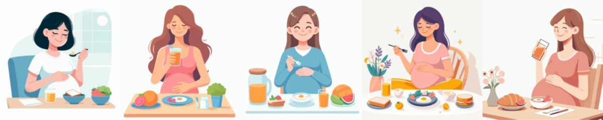 pregnant woman vector set having breakfast