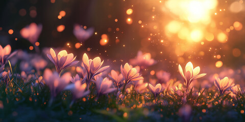 Breathtaking sunset over spring crocuses nature scene vibrant colors serene environment close-up view beauty of flora