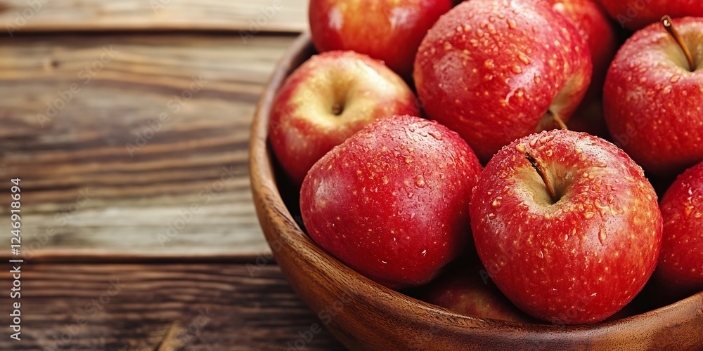 Poster fresh red apples in wooden bowl on rustic wooden table for healthy eating architecture : generative 