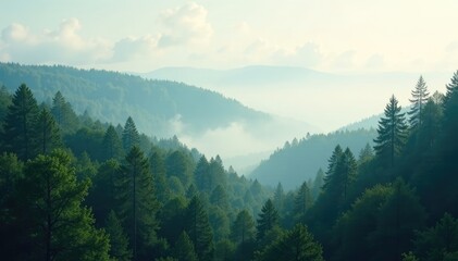 Fototapeta premium Misty forest with soft white clouds gently drifting above the treetops, peaceful, soft focus