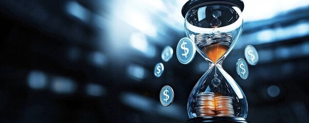Investment Success Starts with Financial Literacy and Responsibility Concept. Hourglass Symbolizing Time and Money with Dollar Coins Graphic Design