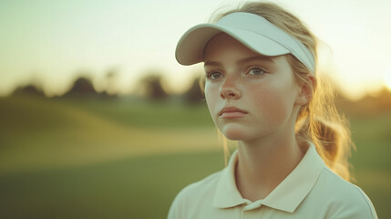 Young golfer contemplating her next shot during late afternoon practice on a serene golf course. Generative AI