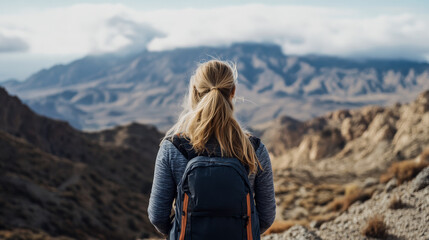 Naklejka premium Hiker admiring the breathtaking mountain view during a peaceful outdoor adventure