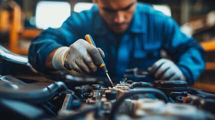 an auto mechanic repairs the engine, close up