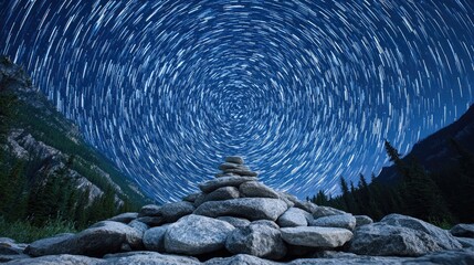 Fototapeta premium Star trails over mountain cairn; night landscape