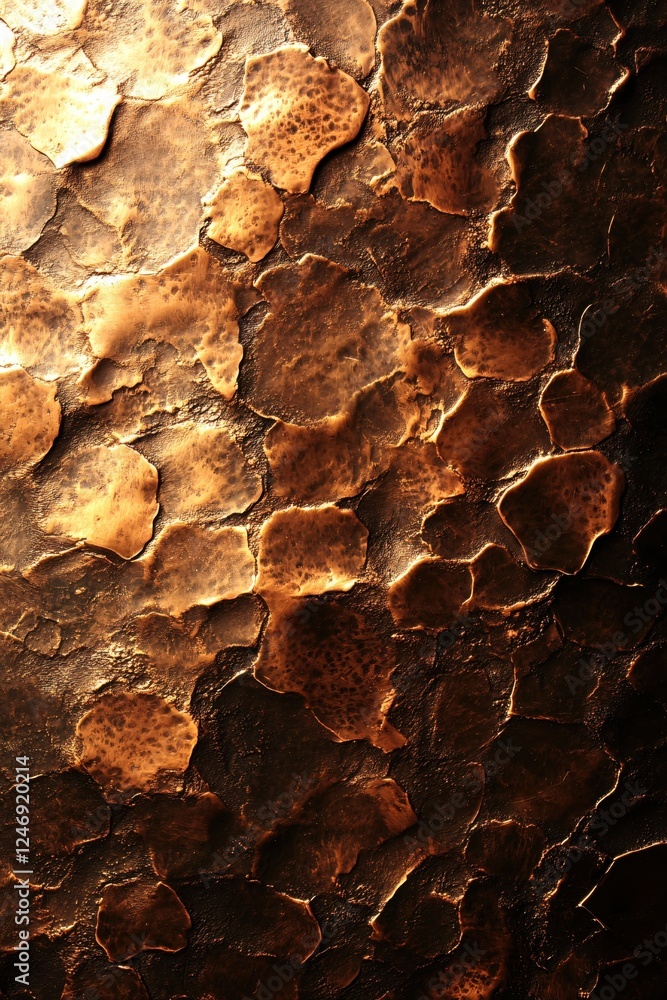 Poster textured copper surface with irregular shapes and a warm glow creating an abstract pattern