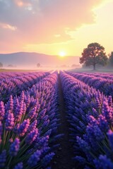 Fototapeta premium Gentle mist rising from a lush lavender field at dawn, flowers, morning