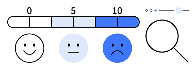 Emotion scale from 0 to 10 with happy, neutral, and sad faces and a magnifying glass. Ideal for surveys, feedback, assessments, user experience, performance reviews, emotional analysis data