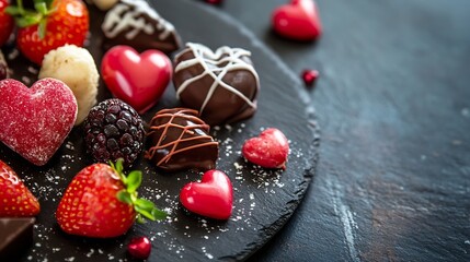 Fototapeta premium Assorted Chocolate and Berry Desserts on Artistic Slate Plate : Generative AI