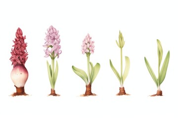 Watercolor Illustration of Hyacinth Growth Stages - From Bulb to Bloom