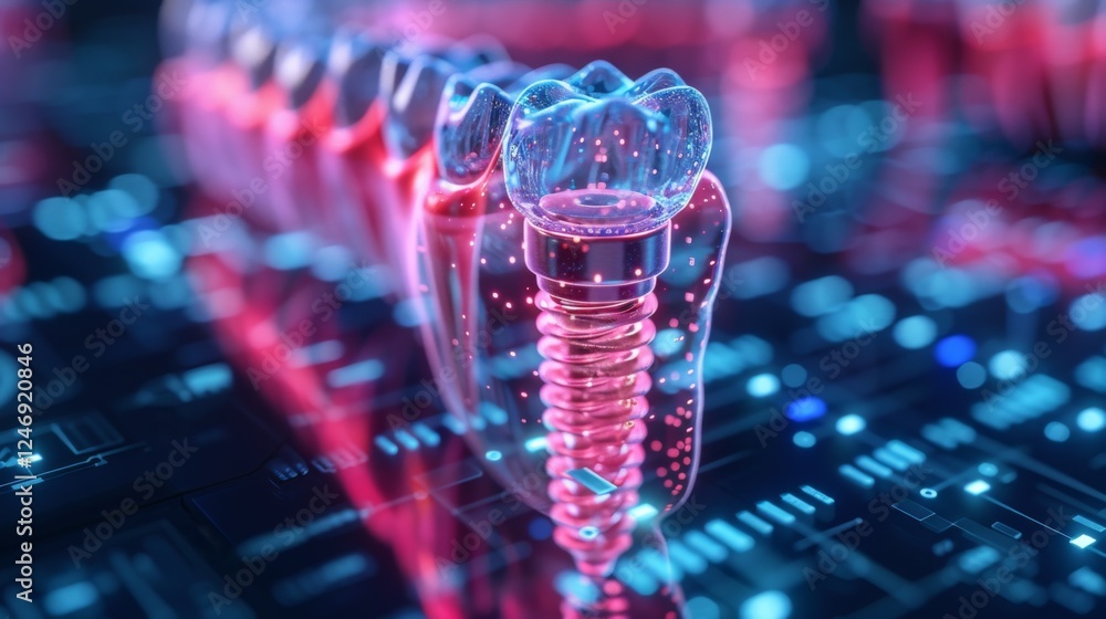 Poster a detailed view of a tooth implant placed on a futuristic digital surface filled with glowing patter