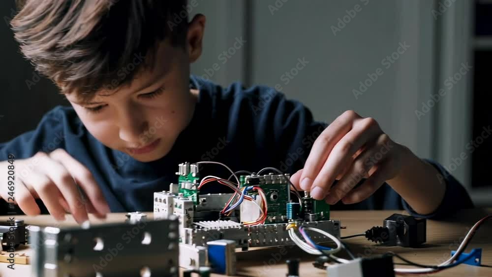 Poster focused young innovator carefully assembling electronic components and connecting wires on complex r
