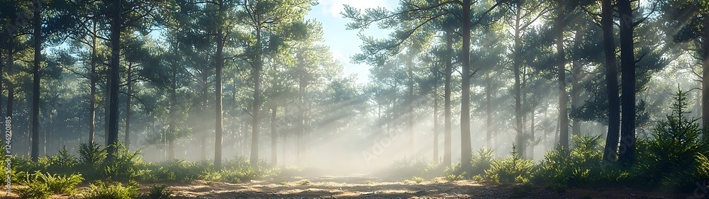 Poster a serene forest scene featuring sunlight filtering through tall pine trees, surrounded by lush green