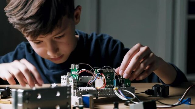 Focused young innovator carefully assembling electronic components and connecting wires on complex robotics project, demonstrating concentration and problem solving skills in slow motion