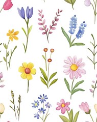 Colorful Floral Pattern with Various Wildflowers on White Background