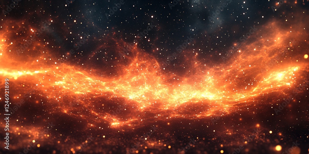 Poster vibrant cosmic nebula with fiery orange and glittering stars captured in deep space : generative ai