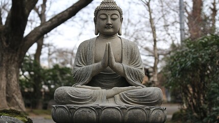 Fototapeta premium Stone Buddha Meditating in Tranquil Japanese Garden Surrounded by Winter Scenery : Generative AI