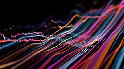 Abstract digital stock market chart with vibrant lines and a dark background for data representation