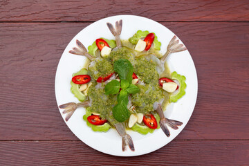 Top View Raw Shrimp soaked in fish sauce spicy, salty and sour seafood thailand 