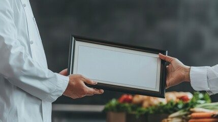 A chef hands over a blank certificate or menu, with fresh vegetables in the background, indicating a culinary context.