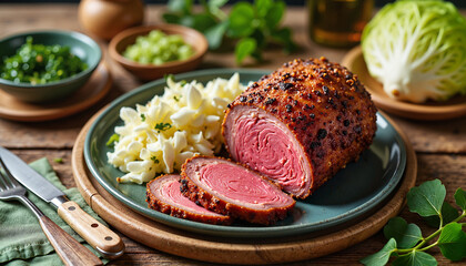 St. Patrick's Day traditional Irish meal with corned beef and cabbage on a rustic wooden table
