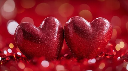 Fototapeta premium Romantic glimmering red hearts on blurred festive background for Valentines Day celebration : Generative AI