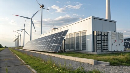 Obraz premium A futuristic data center powered by 100% renewable energy, featuring solar panels, wind turbines, and liquid cooling systems for energy-efficient cloud computing
