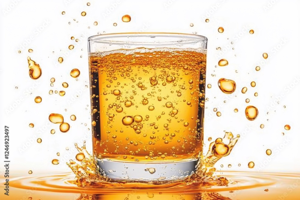 Aufkleber sparkling amber liquid in glass with dynamic splash and floating bubbles on white background