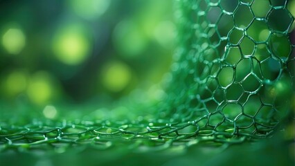 A close-up of a green, honeycomb-patterned, ribbon-like structure amidst a lush