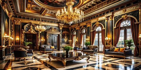 Fototapeta premium Opulent Black & Gold Palace Interior: Architectural Visualization Stock Photo