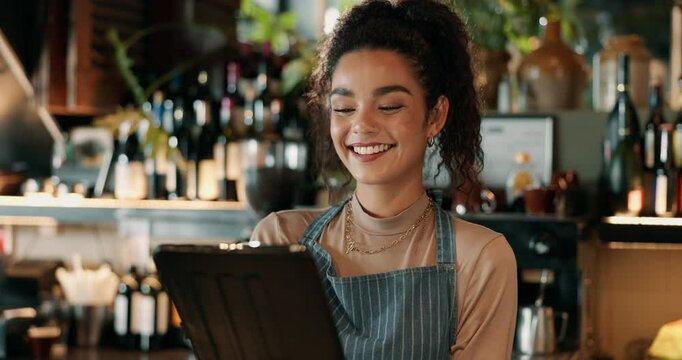 Tablet, happy and woman barista in coffee shop for inventory, checklist or online order. Pub, digital technology and female cafe cashier by counter for pos in restaurant with hospitality career
