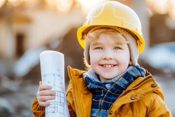 Young Boy with Hard Hat and Blueprints A Future Architect Dreams on a Construction Site