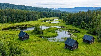 A serene landscape featuring three rustic cabins surrounded by lush greenery, a tranquil pond, and distant mountains under a cloudy sky.