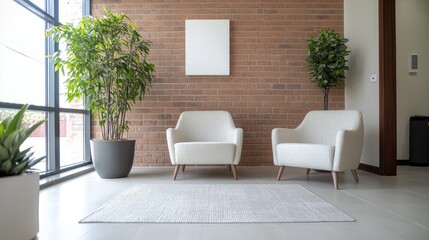 Modern office lobby with chairs, plants, and brick wall