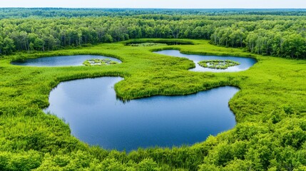 Fototapeta premium Aerial view of lush green wetlands with heart-shaped water bodies, surrounded by dense trees under a clear sky.