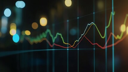 Ultra HD digital stock market chart displaying steady trend with blurred background lights